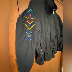 Vintage Kaelin Black Windbreaker Jacket with Colorful Embroidery Size Small